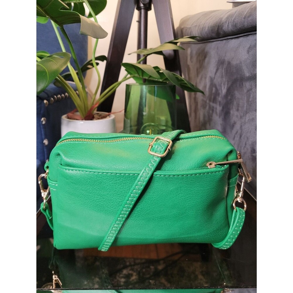 Vegan Leather Green Crossbody Bag with Gold Hardware - Women's Shoulder Bag